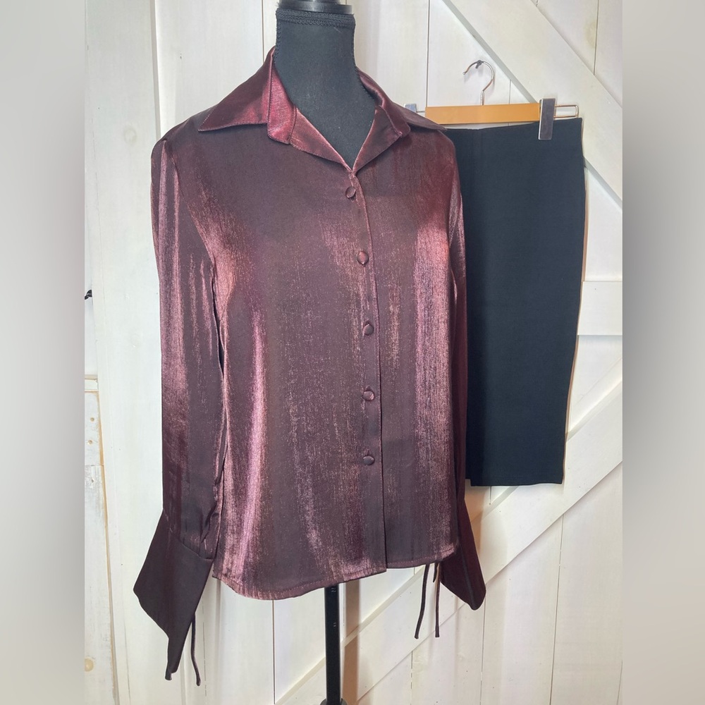 Laura Studio Shimmery Blouse in Deep Burgundy paired with a Zara Pencil skirt.